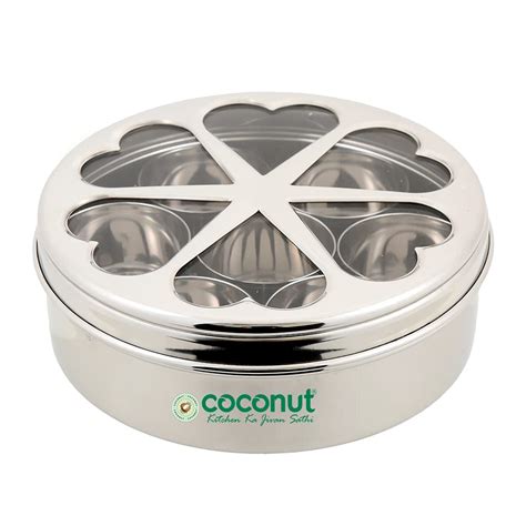 Coconut Stainless Steel Flora Indian Spice Container/Masala Box with 7 ...