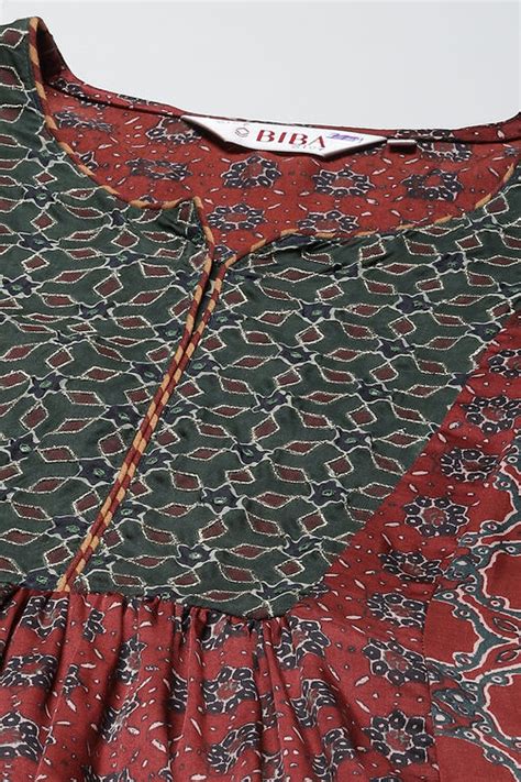 Maroon and Green Viscose Flared Kurta Palazzo Suit Set at Biba India