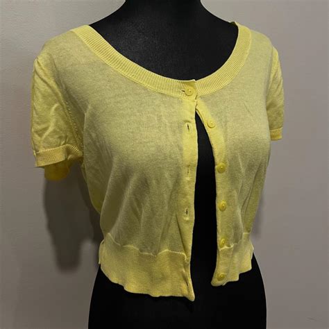 women's cropped yellow cardigan - labelled size... - Depop