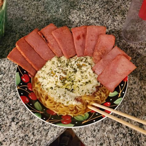 Miso instant ramen with cheesy fried egg and SPAM. : r/shittyfoodporn