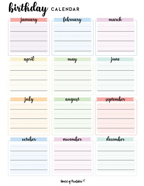 Birthday Calendar Printable Free