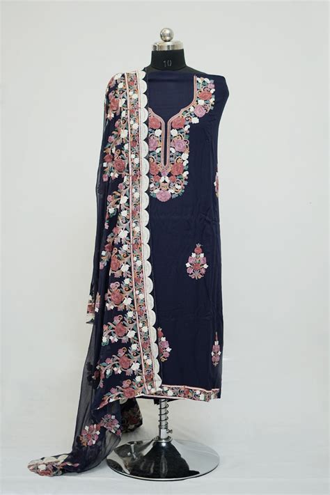 Navy blue colour aari work salwar kameez with neckline pattern