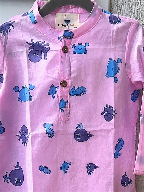 Dream Weaver – Pink Sea Creatures Kurta Pajama | Pure Cotton – Tittertots