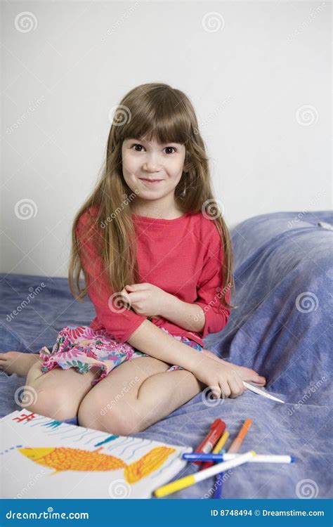 Cute Girl Seven Years Old Drawing Stock Photo - Image of insipid ...