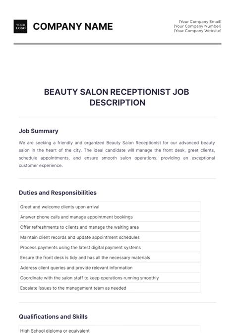 Free Beauty Salon Receptionist Job Description Template to Edit Online