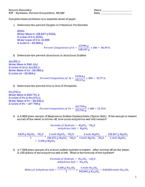 Hydrates Percent Composition Worksheet Answers | Exercises ...