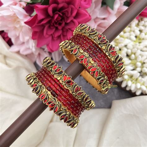 Red With Kundan Lotus Floral Work Silk Thread Bangle Set Bangles ...