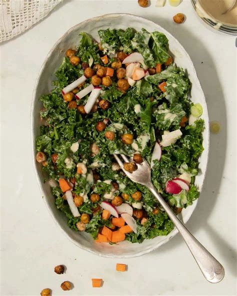 Kale Salad with Tahini Dressing & Roasted Chickpeas – The Vegan Larder