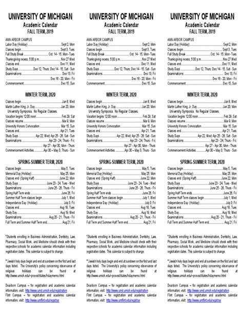 University of Michigan Academic Calendar for Fall 2019, Winter 2020 ...