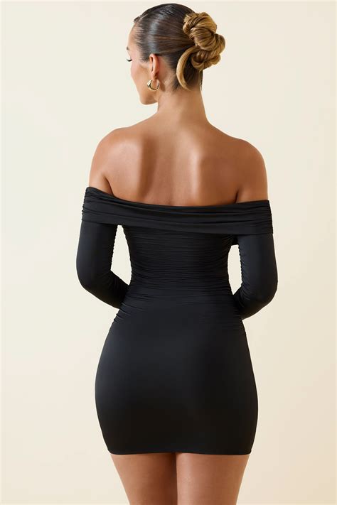 Aarti Off-Shoulder Ruched Bodycon Mini Dress in Black | Oh Polly