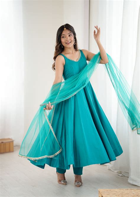 Rama Pure Roman Silk Flared Anarkali Set with Dupatta & Pant – TULIP ...