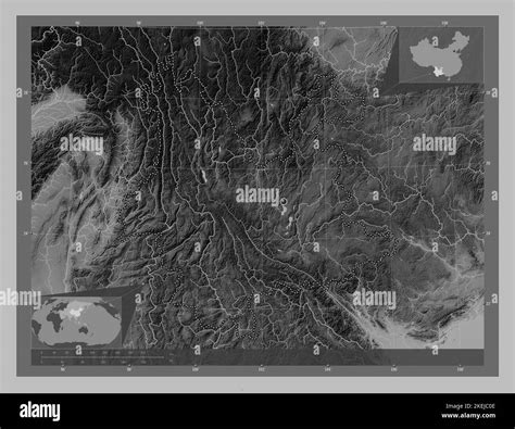 Yunnan, province of China. Grayscale elevation map with lakes and rivers. Corner auxiliary ...