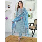 Off White Turquoise Printed Cotton Suit - Set of 3