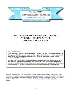 Fillable Online Tamalpais Parental Annual Notice 2015-2016 Fax Email ...