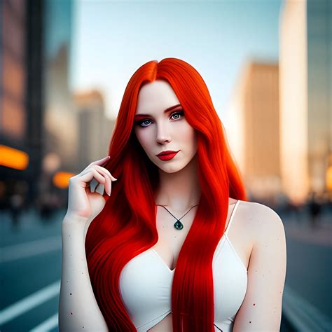 22 year old girl with long red hair, right hand supporting the r ...
