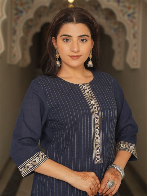 Buy Embroidered Cotton Dobby Solid Straight Navy Blue Kurta, Trousers ...