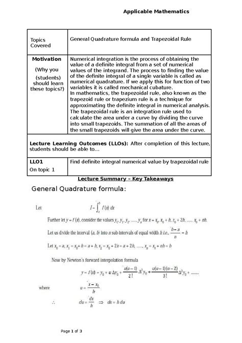 General Quadrature formula and Trapezoidal Rule - Applicable ...