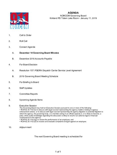 Fillable Online AGENDA NORCOM Governing Board Kirkland PD Totem ... Fax ...
