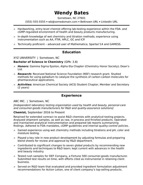 Entry-Level Chemist Resume Sample | Monster.com