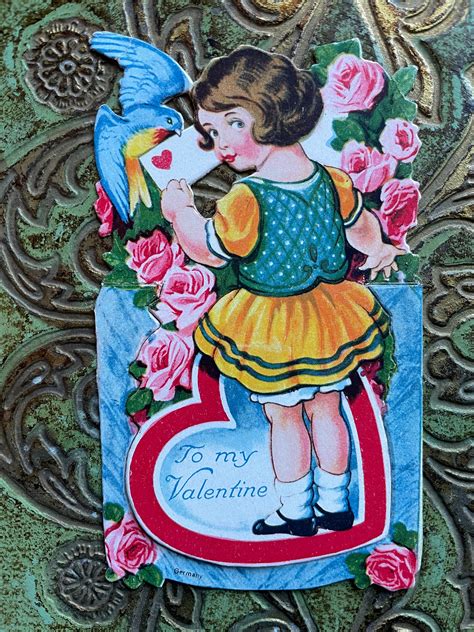 Vintage German Valentine Card Little Girl Bird Bluebird Love Note to My ...