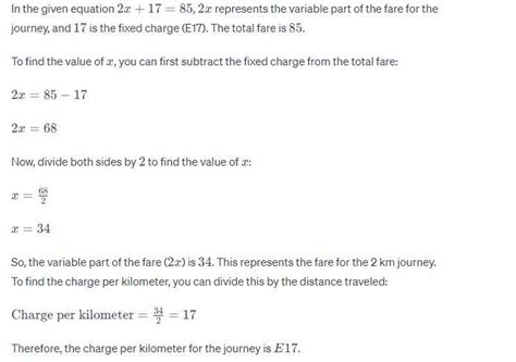 According to the given equation 2x+17=85,if E17 is the fixed charge and ...