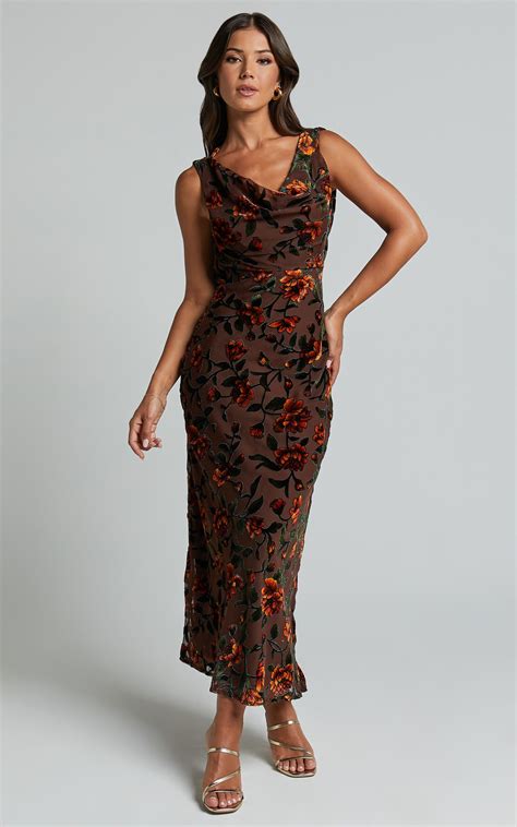 Stephania Midi Dress - Cowl Neck Low Back Burnout Slip Dress in Chocolate | Showpo US… | Brown ...