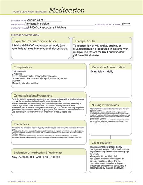 Ati Medication Template Atorvastatin