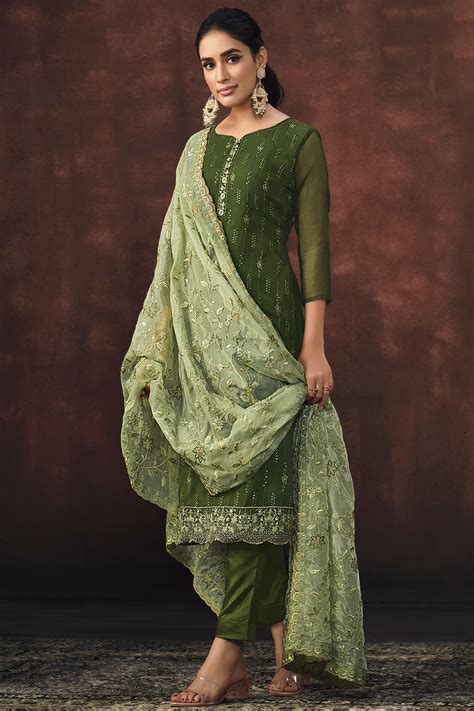Buy Function Wear Green Color Embroidered Salwar Suit In Organza Fabric ...