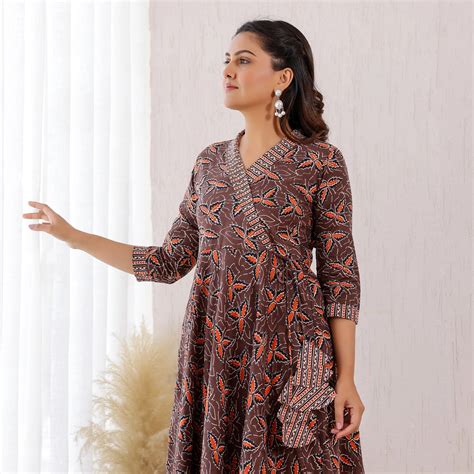 Brown and Off-white Vine-Stripes Printed Cotton Co-ord set – Vivika Fashion