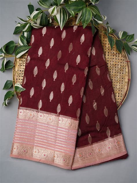 Chanderi Silk Saree With Gold & Silver Contrast Gap Border - Maroon ...