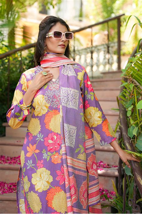 Purple Viscose Rayon Floral Embroidered Straight Kurta Trousers With D ...