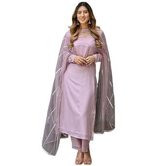 Buy GoSriKi Women's Cotton Blend Straight Solid Kurta with Pant ...