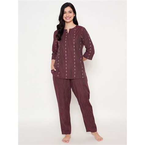 Buy Clovia Maroon Printed Top and Pyjama (Set of 2) Online