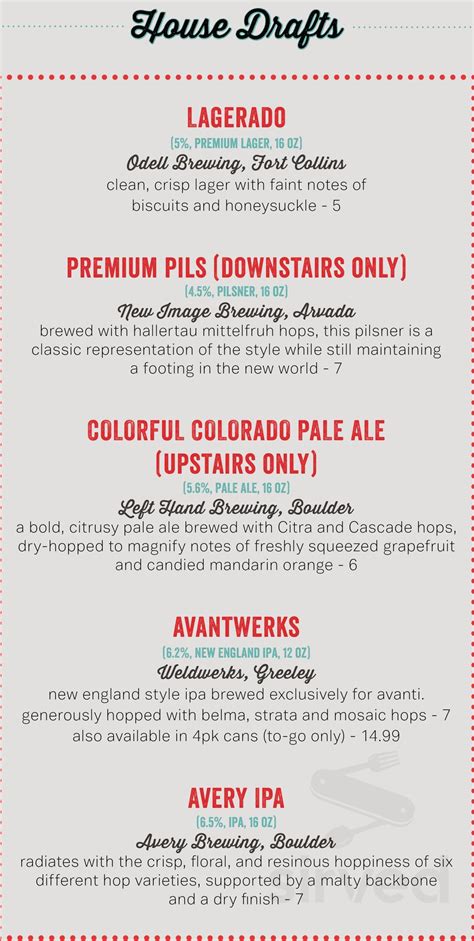 Avanti Food and Beverage, Boulder menu in Boulder, Colorado, USA