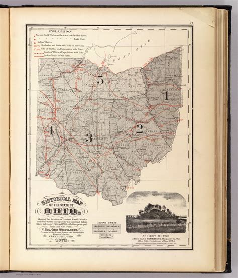Historical map of the State of Ohio. Showing the location of ancient earth works and the country ...