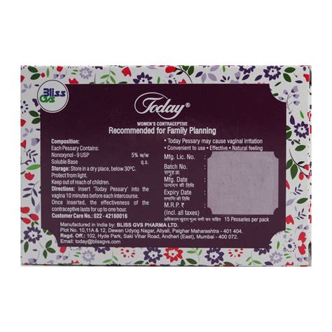 Today Vaginal Contraceptives Pessaries 15's Price, Uses, Side Effects ...