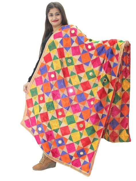 Matelco Women's Multi Color & Mirror Work Phulkari Dupatta 2.25 Mtrs ...