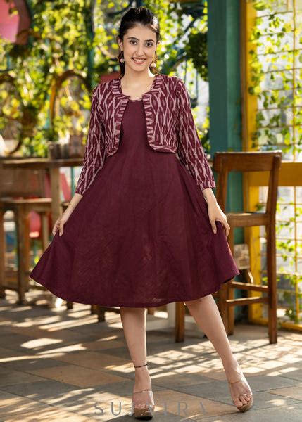 Trendy wine cotton flared dress paired with contrast ikat shrug – Sujatra