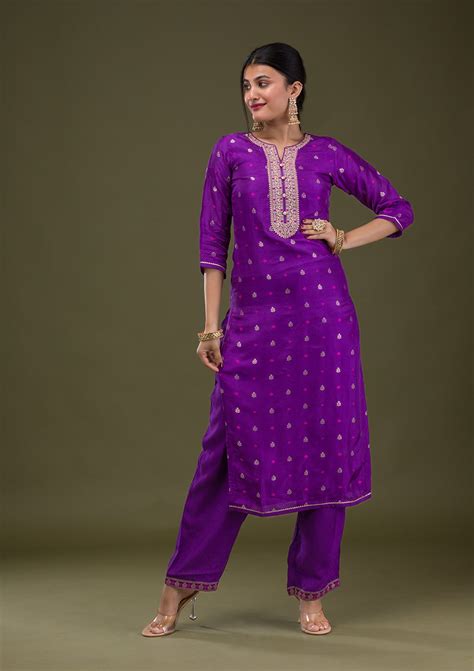 Buy Purple Zariwork Crepe Readymade Salwar Suit - Koskii
