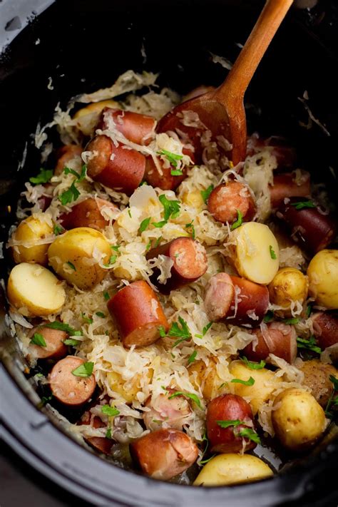 Potatoes, Polish Sausage and Sauerkraut in the Crockpot - Happy ...