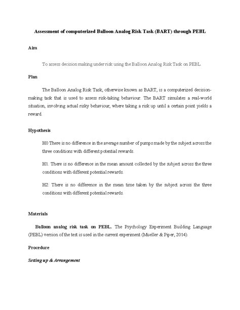 Assessment of Balloon Analog Risk Task (BART) in PEBL Study - Studocu