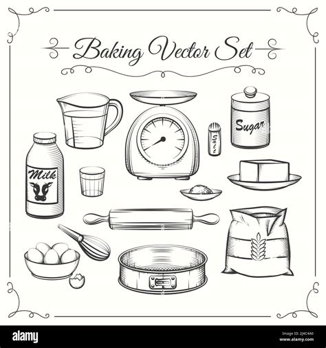 Baking food ingredients and kitchen tools in hand drawn vector style ...
