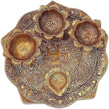 Piepot Traditional Metal Pooja Thali Set with Fixed 3 Bowl + 1 Diya l 9 ...