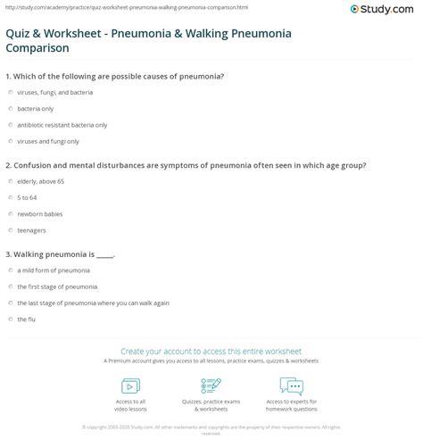Quiz & Worksheet - Pneumonia & Walking Pneumonia Comparison | Study.com