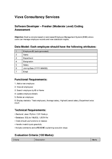 Vizva Consultancy Services Software Developer Assessment: Employee ...