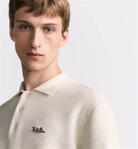 DIOR AND KAWS Long-Sleeved Polo Shirt White and Yellow Cotton Jacquard ...