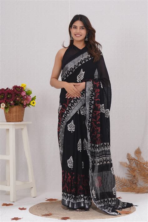 Cotton Linen Saree with Hand Block Print - Shivanya Handicrafts Women ...