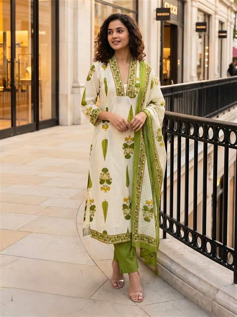 Printed Cotton Blend Kurta With Pant & Dupatta – Meenabazaar