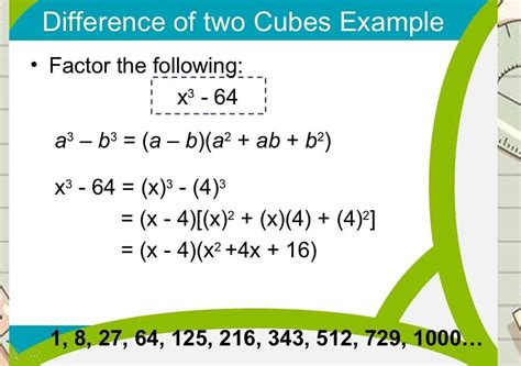Difference of two Cubes Example Factor the following: x³ - 64 a-b³ = (a ...