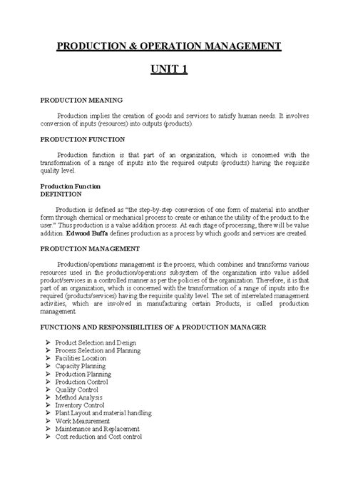 OM 101: Production Operations Management - Unit 1 Overview and Concepts ...